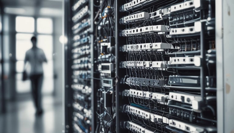 Technicians setting up structured cabling in a server room with racks and switches
