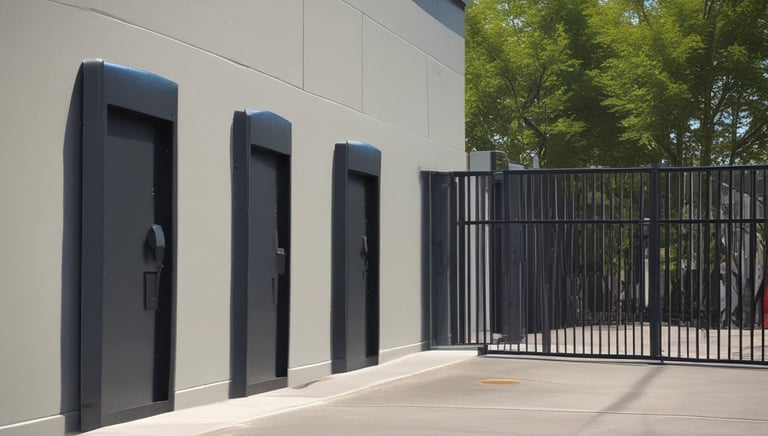 A modern security camera installed on a commercial building corner at sunset