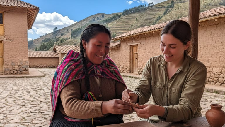 Indígena Cusqueña de raiz nativa enseñando cerámica en frío a extranjera