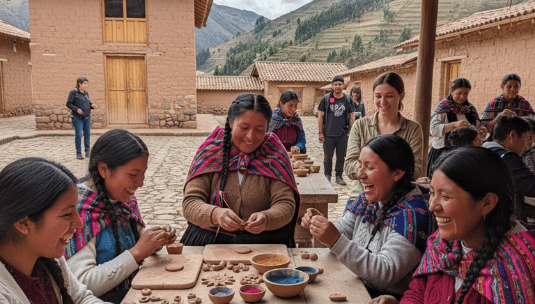Grupo de extranjero aprendiendo a hacer joyería con cerámica en frio en la comunidad de huaran - cusco