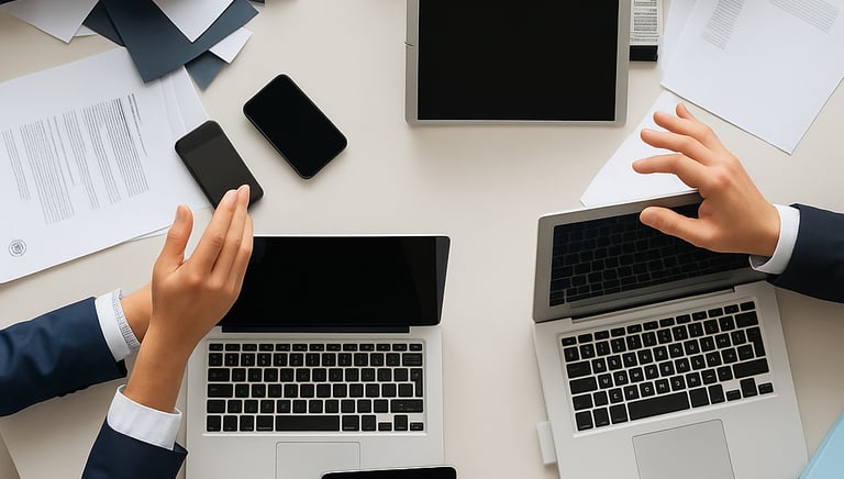 a group of people sitting around a table with laptops