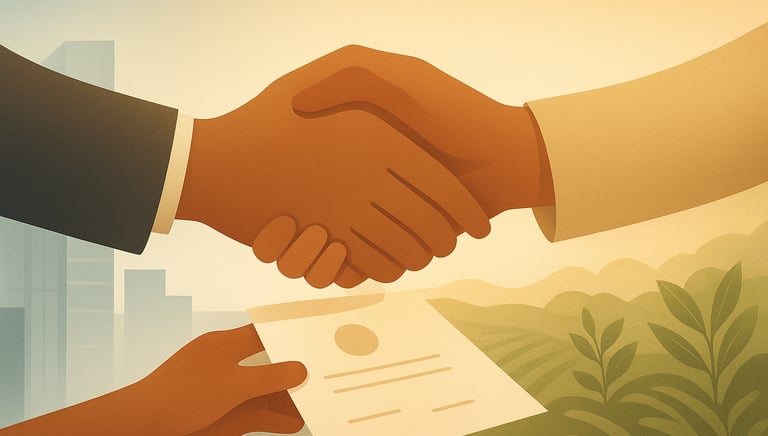 Minimalist 16:9 illustration of two hands connecting above a certificate, symbolizing trust, partner