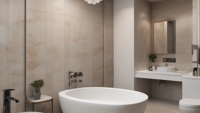 An architectural interior featuring a modern, geometric design with a floating glass and white structure against a wall of gray marble. The ceiling is patterned with a grid of recessed lights and panels, enhancing the clean and contemporary atmosphere.