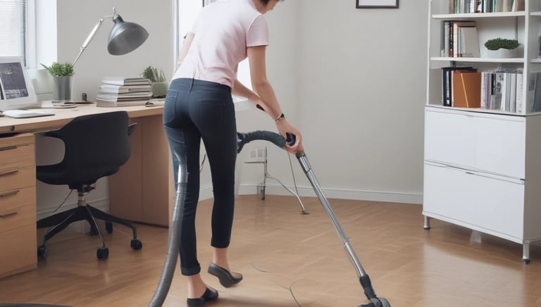 A person is cleaning a sleek, silver car with a blue cloth and spray bottle inside a well-lit garage. The garage features modern, geometric ceiling lights and has a partially visible staircase in the background.