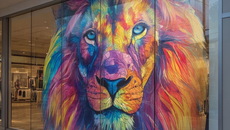 a large colorful mural of a lioness head on a storefront door