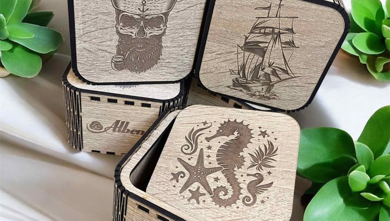 a group of four wooden boxes with a pirate ship on it