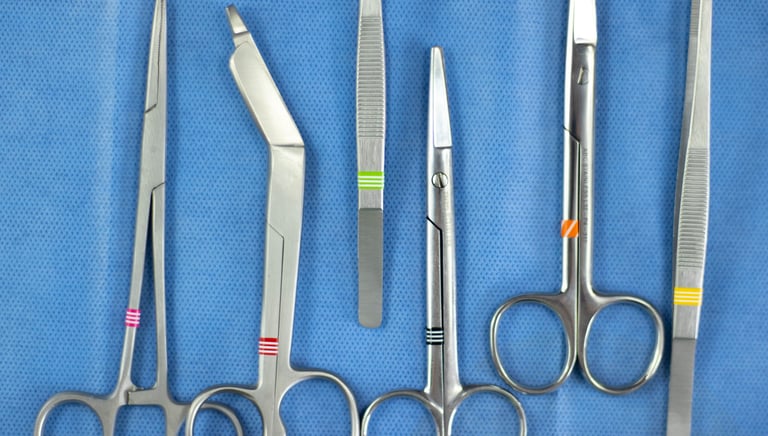 Instrumentais cirúrgicos identificados por fitas de marcação sobre o campo cirúrgico