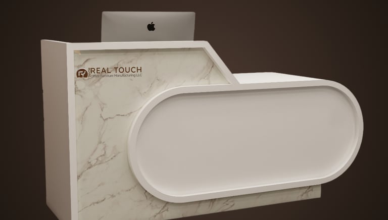 Modern reception desk with curved design and welcoming style