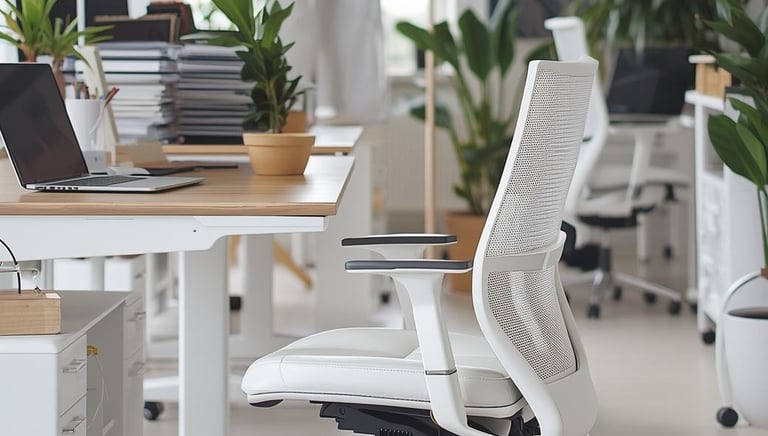 a white office chair with a laptop and a laptop