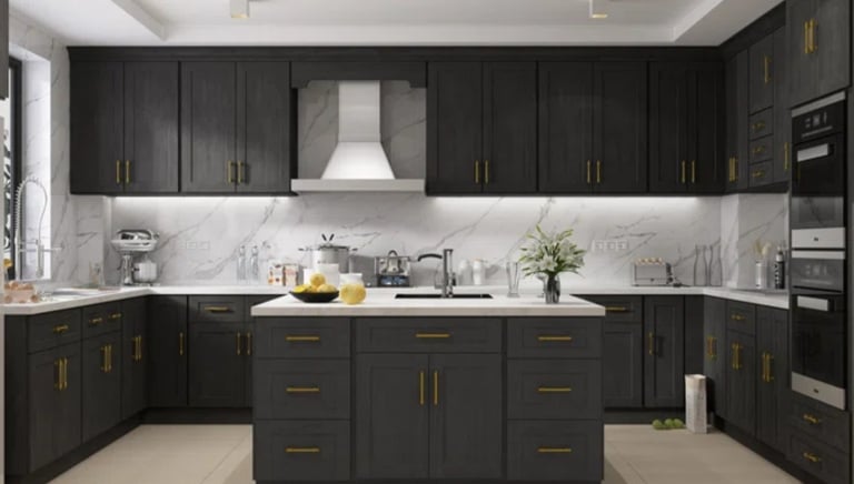 a kitchen with a marbled counter top and a marbled counter top