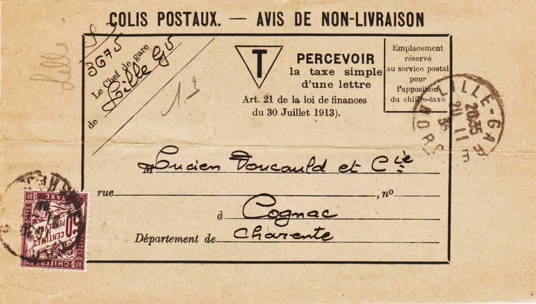 Einfache Nachporto-Gebühr von 50 Centimes für einen Brief bis 20 g (Tarif vom 21. April 1930).
