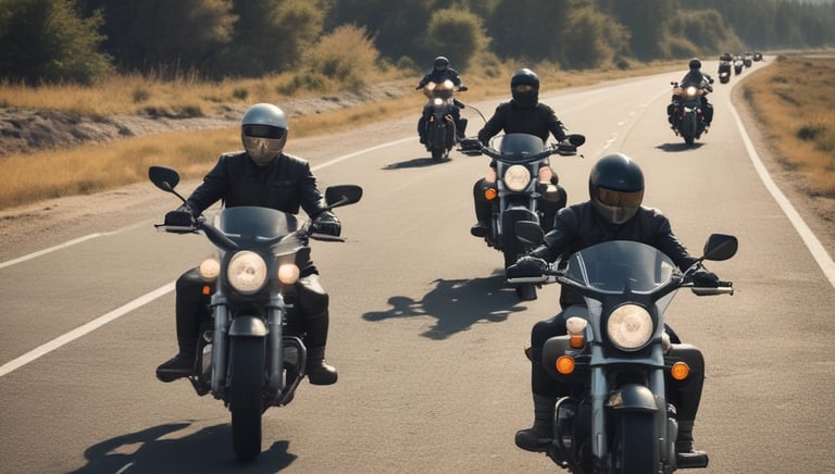 A group of motorcyclists riding through lush green mountains under a clear blue sky.
