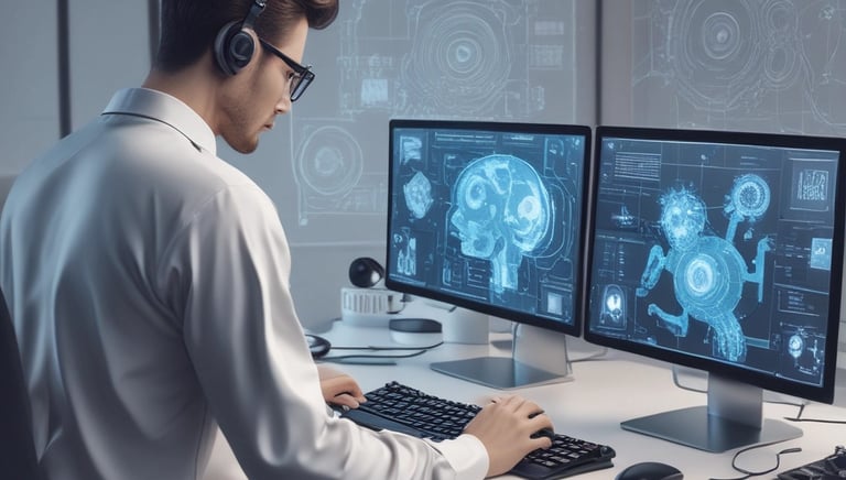 A team of professionals collaborating on software development in a modern office environment.