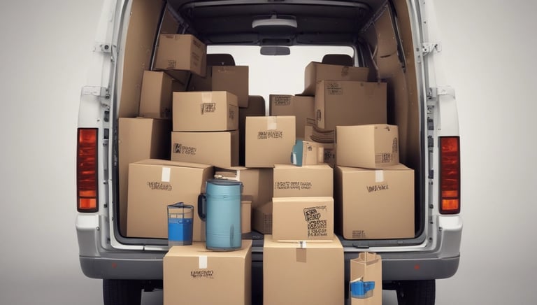 Delivery van unloading supplies at a government facility on a clear day.