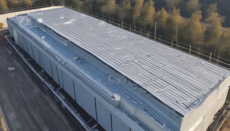 Workers wearing safety gear are installing solar panels on a rooftop. They are dressed in safety vests and helmets, and are handling a large solar panel as part of a series of panels. The background includes a clear sky and some infrastructure.