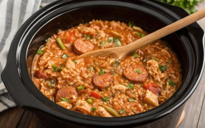 slow cooker with jambalaya
