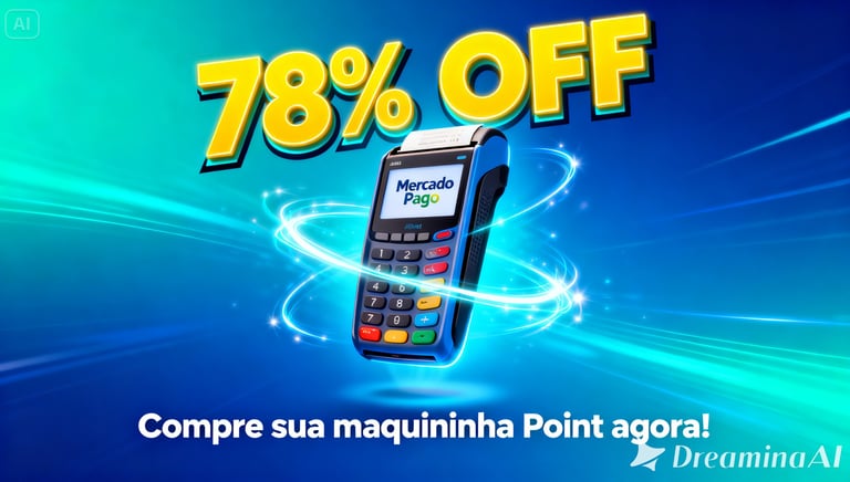 Mercado Pago Point credit card machine with 78% discount promotional banner on a blue background.