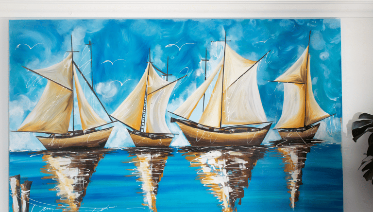 Pintura de barco sobre lienzo, obra hecha a mano en estilo marino contemporáneo, para interiores.