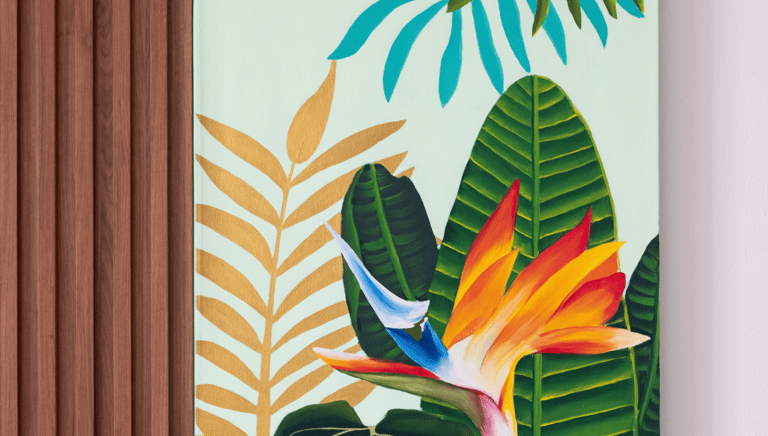 Cuadro en lienzo pintado a mano con flor ave del paraíso y hojas tropicales, arte botánico.