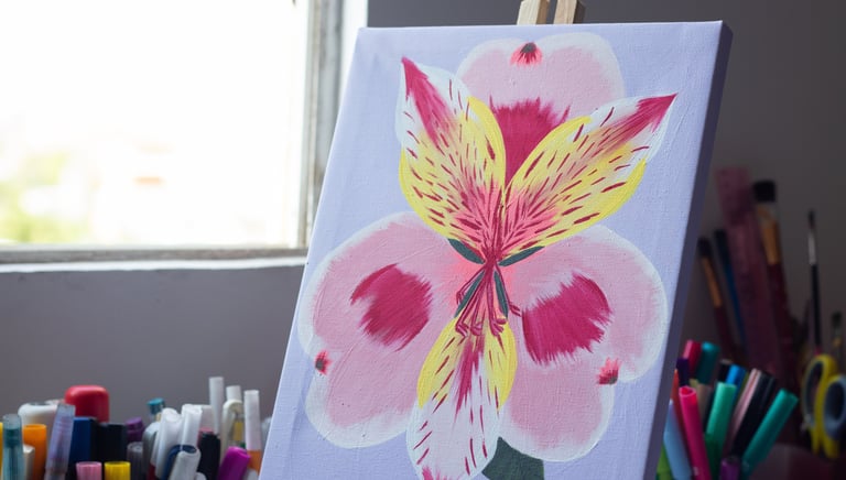 Lienzo artístico con composición botánica tropical, flores vibrantes y follaje, obra pintada a mano.