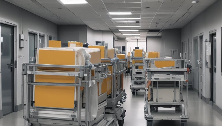 An assortment of medical supplies is scattered on a concrete floor, including syringes, vials, and medical bags filled with other equipment. The items appear to be part of an emergency medical kit or a mobile health unit.
