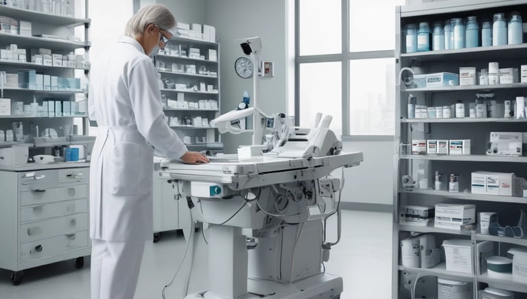 A medical device with a digital screen is centrally positioned. It is surrounded by a booklet, a package of medical supplies, and a power cable with an adapter. The booklet and package feature text.