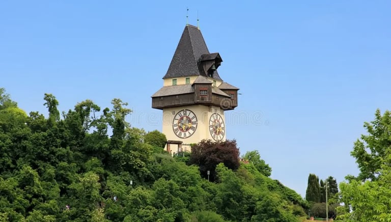 Graz Schlossberg clock tower above lush green trees under a clear blue sky