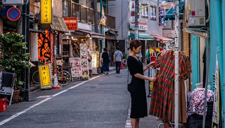 Young woman browsing vintage clothing on a colorful street in Shimokitazawa, Tokyo, surrounded by sm
