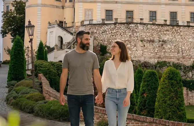 Couple strolling hand in hand through Mikulov Castle gardens with castle walls behind