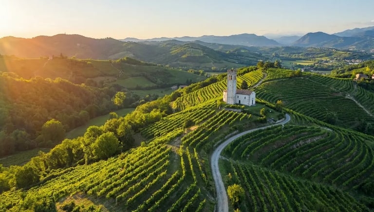 Aerial view of UNESCO Prosecco Hills with ancient church tower surrounded by steep green vineyards