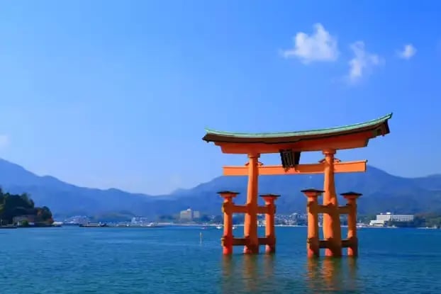 Iconic floating torii gate of Itsukushima Shrine on Miyajima Island, Japan