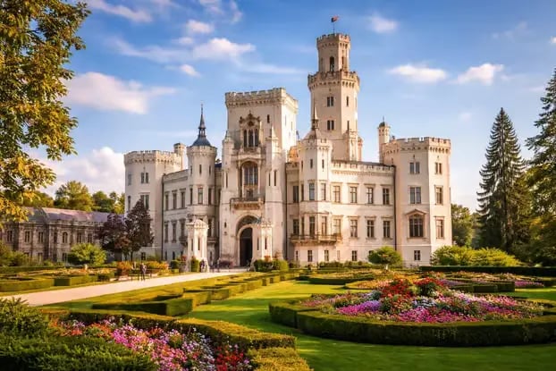 Hluboká Chateau white towers and Windsor-inspired architecture in South Bohemia Czech Republic