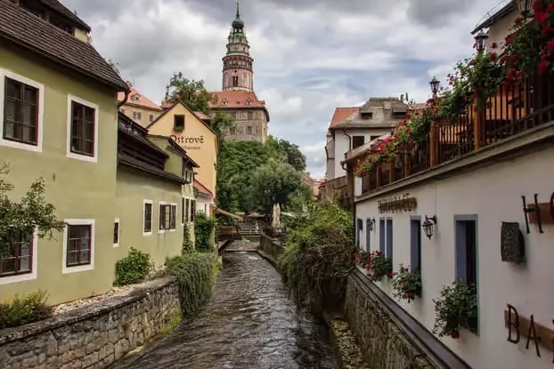Multi-level arched Cloak Bridge connecting Český Krumlov Castle complex