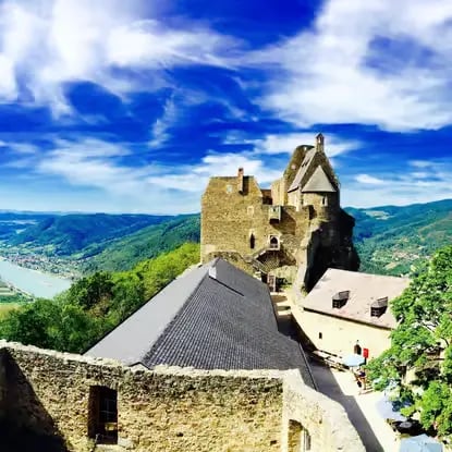 Medieval Dürnstein Castle ruins overlooking the Danube River and Wachau Valley hills