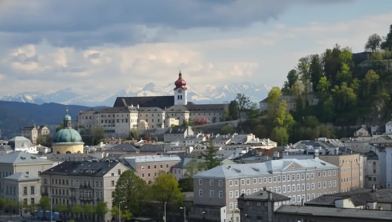 Historical Nonnberg Abbey in Salzburg with the Alpine mountains in the background.