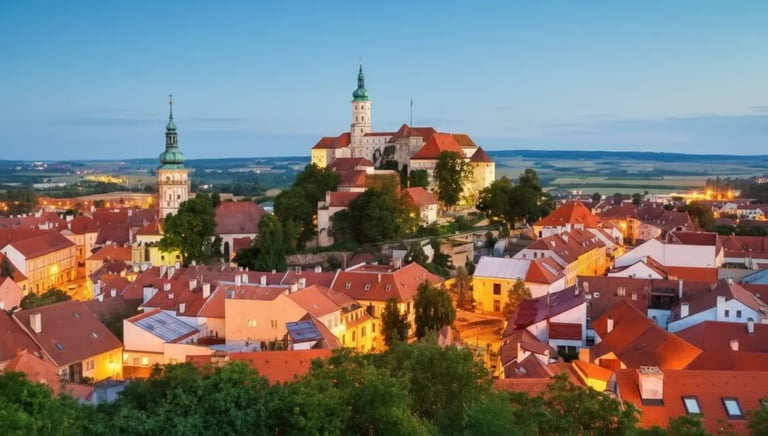 Panoramic view of Mikulov Castle and red-roofed houses in South Moravia during twilight, a popular private day from Prague.