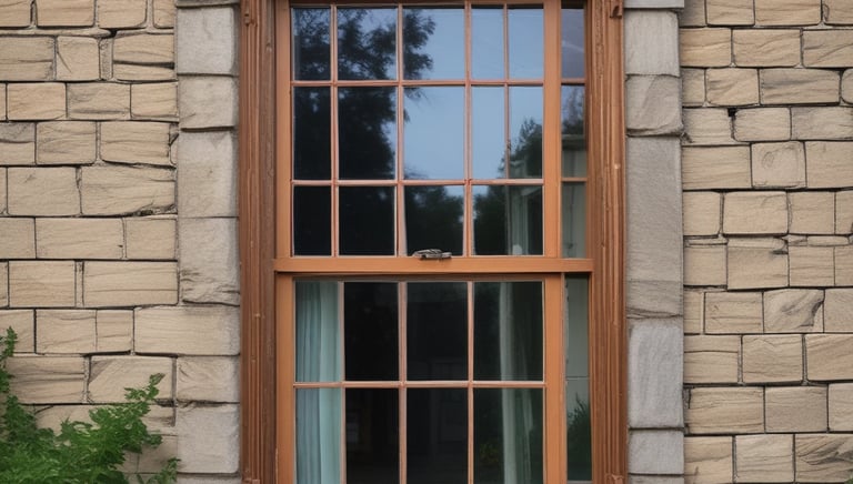 Two old windows on a rough concrete wall, with visible cracks and shadows creating a stark contrast. The left window has broken glass panes and a netted pattern behind it, while the right window is white and appears boarded up.