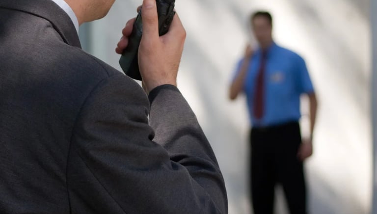 Force Prévention Sécurité – Agent de sécurité en costume noir, équipé d'oreillettes et de lunettes de soleil, assurant la sur