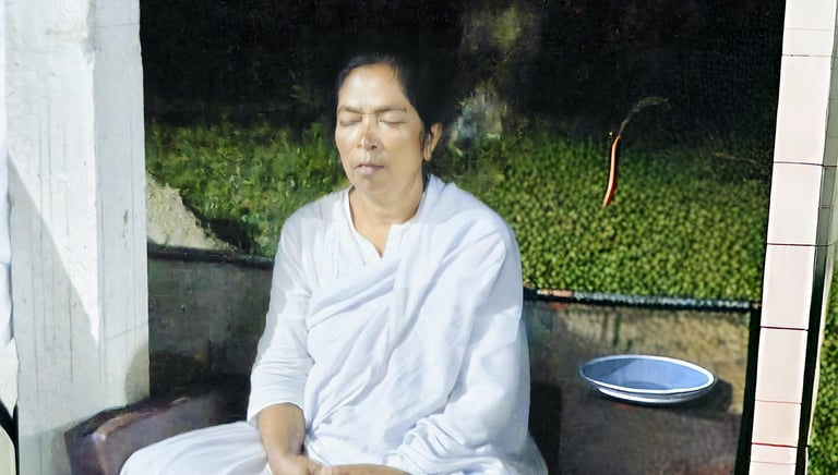 a woman sitting on a bench in a room