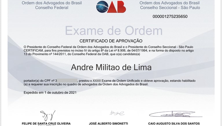 Certificado de Aprovação no Exame Nacional da Ordem dos Advogados do Brasil 
