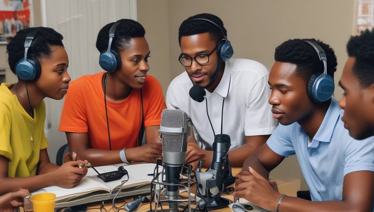 A vibrant podcast studio with microphones and headphones.