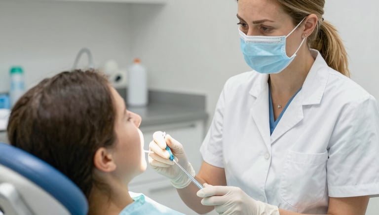 A dental professional in a blue uniform and mask is attending to a patient in a dental chair. The dentist is using dental equipment under a bright examination light, while the room has a calm ambiance with pastel-colored walls.