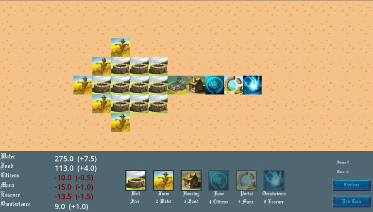 A 2D city-building strategy game interface showing a grid of wells, farms, and housing units on a tan background.