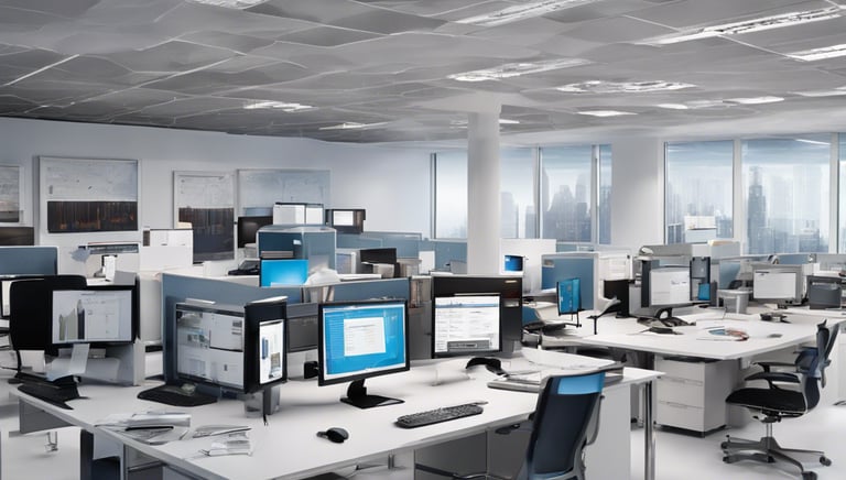 a desk with a computer monitor and a desk with a chair