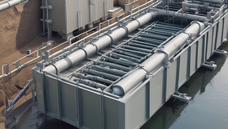 A large industrial building with multiple windows is situated behind a body of water, possibly part of a water treatment facility. A metal structure extends over the water, and trees are visible in the background under a cloudy sky.