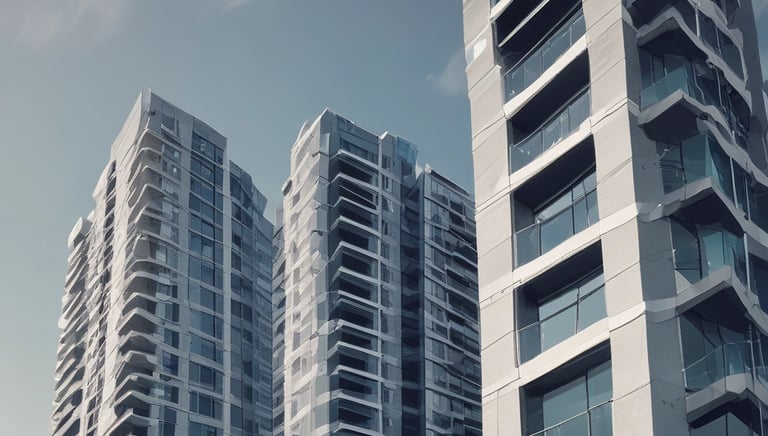 Image of modern commercial and residential buildings under clear skies.