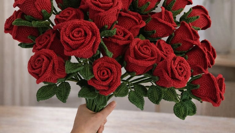 Handmade crochet red rose bouquet with green leaves held in hand indoors