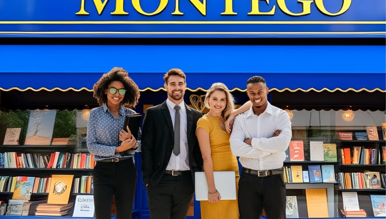 a group of 4 people standing in front of a bookstore