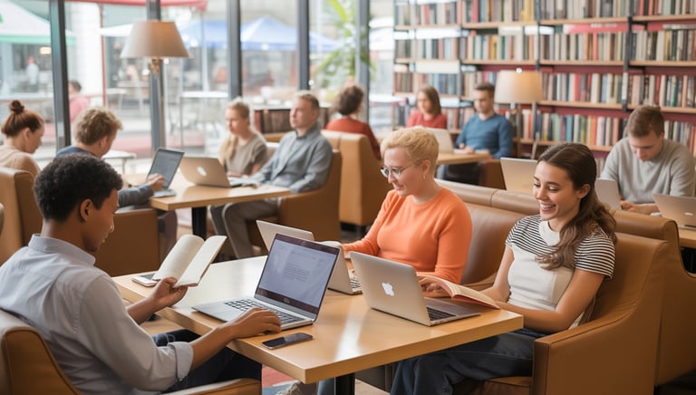 a group of people sitting at a table with laptopps