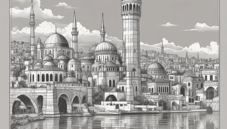 A scenic view of a town with traditional Ottoman architecture, featuring red-roofed houses and green trees. The prominent structures include two mosques with minarets, nestled among the other buildings. The background shows a lush landscape of rolling hills and forests.